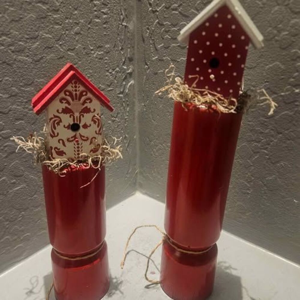 Set of 2 Decorative Wooden Birdhouses on Pedestals